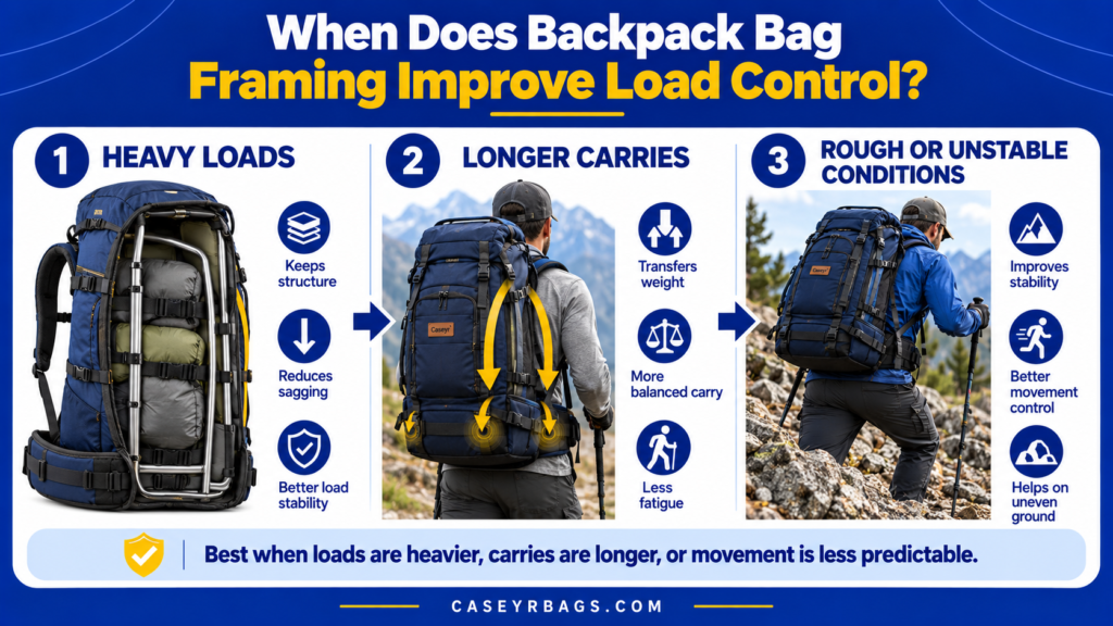 Backpack framing for load control and structural support