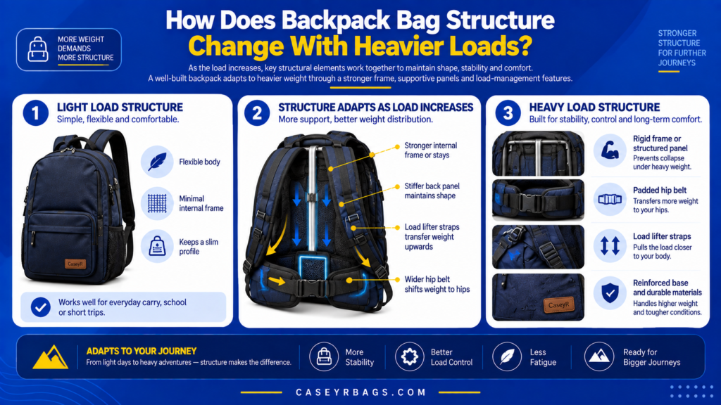 Backpack structure under heavy loads showing panels, seams, strap anchors, base, framing, and compartments