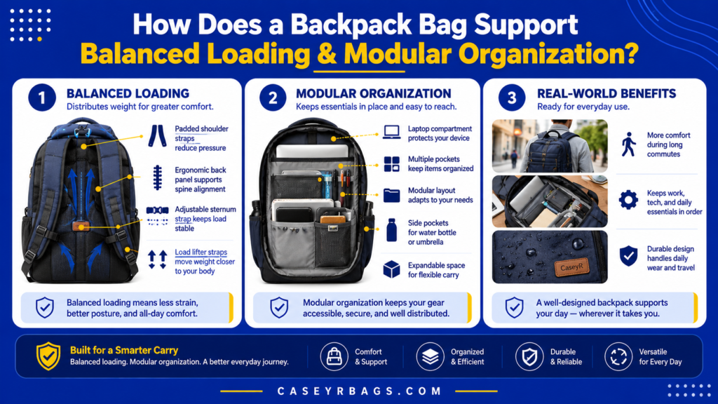 Backpack Bag balanced loading and modular organization
