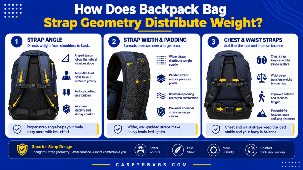 Backpack strap geometry and weight distribution