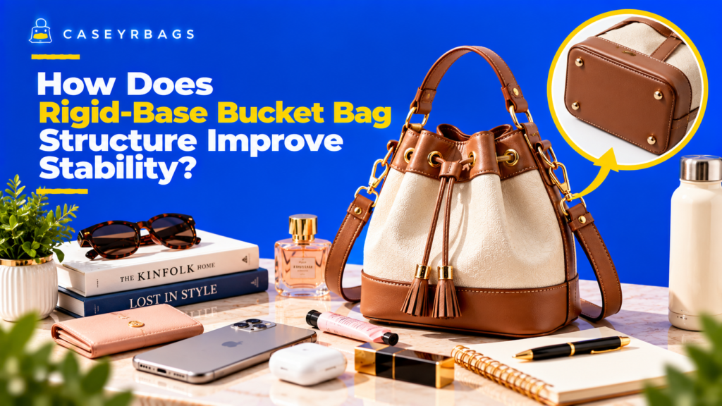Structured bucket bag with a rigid reinforced base designed to improve stability and maintain its shape.