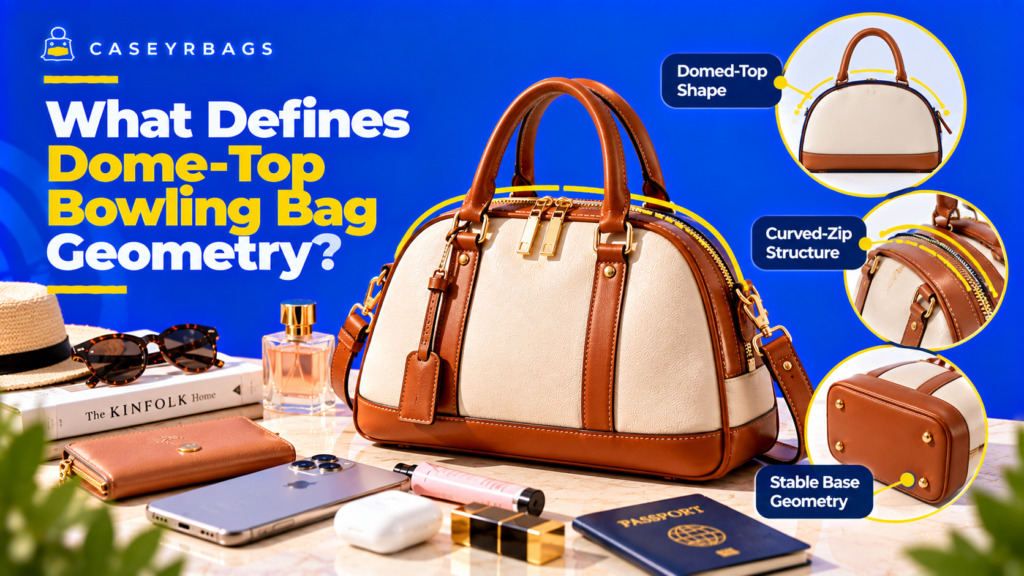 Cream and tan dome-top bowling bag showing curved zip geometry, domed upper shape, and stable structured base