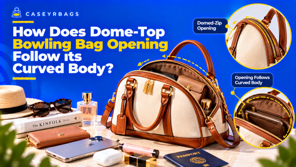Cream and tan dome-top bowling bag with curved zip opening following the rounded body shape.